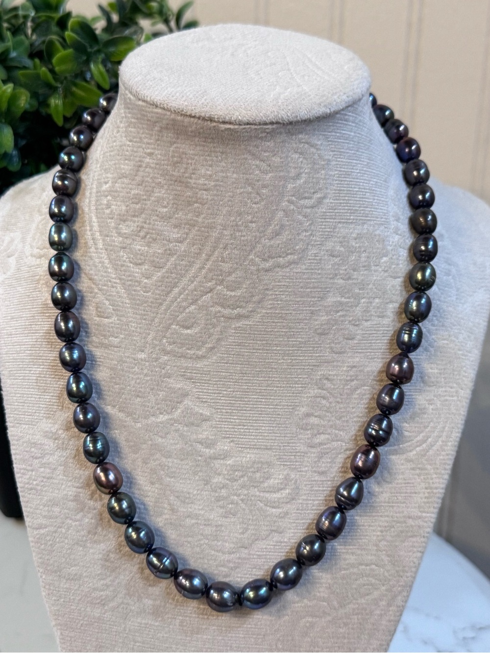 Vintage Black Freshwater Pearl Necklace 18" W/ 925 Silver Clasp Adjustable